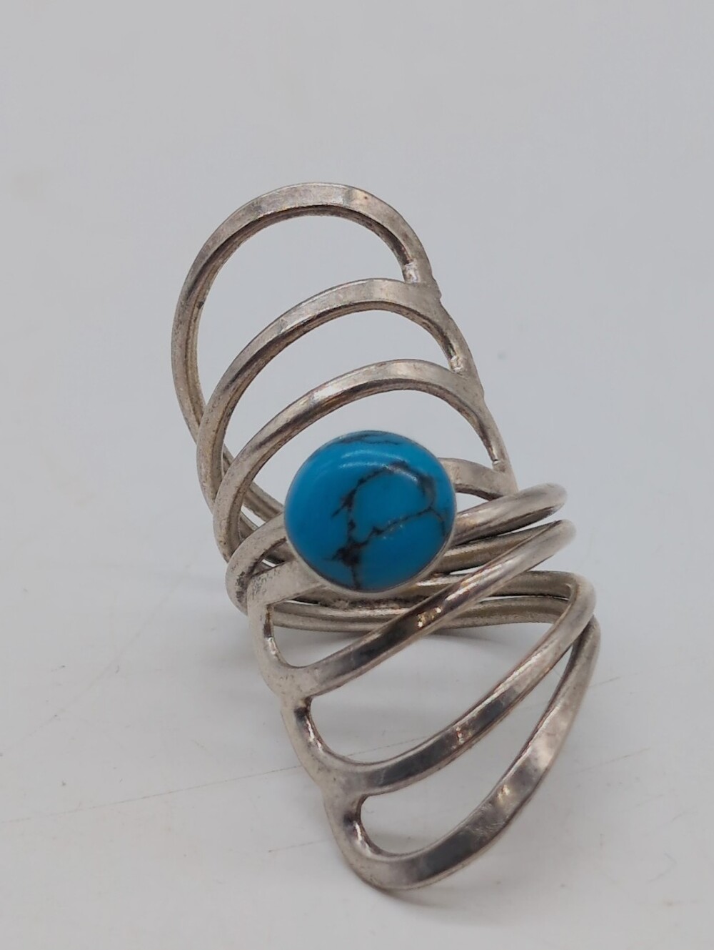 Turquoise Stone 925 Sterling Silver Spiral Bohemian Sz 6.25 Cocktail Ring 43mm